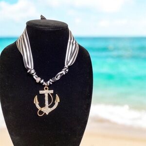 Handmade Gold Anchor Necklace with Striped Ribbon